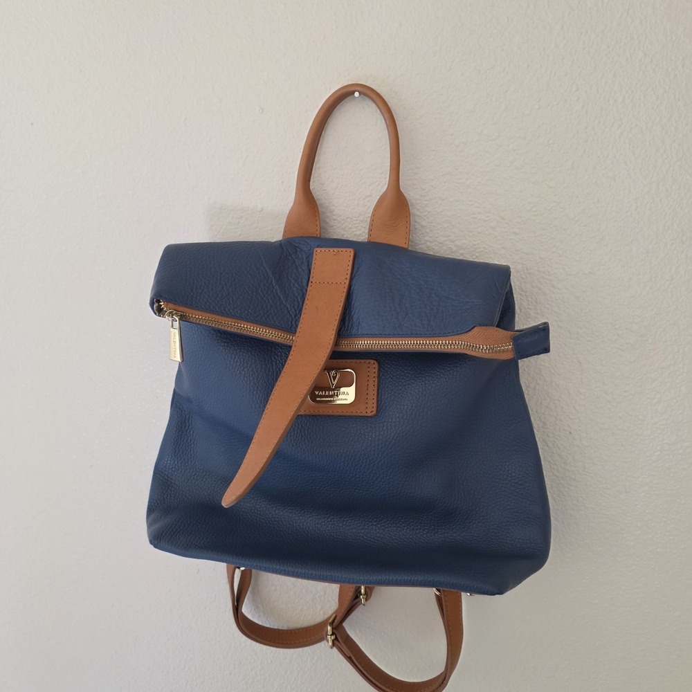 Valentina Italian Navy Blue Pebbled Leather Backpack Tan Trim Gold Hardware